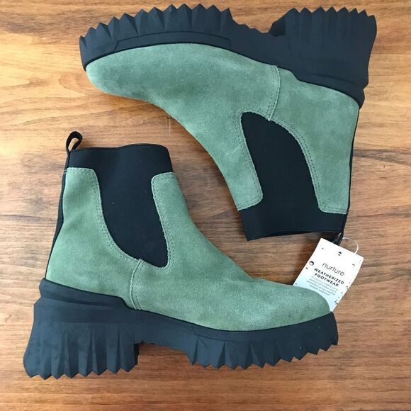 NURTURE Green Suede Chelsea Boot‎ Lug Sole Platform Water Resistant Size 5.5 New - Picture 9 of 13